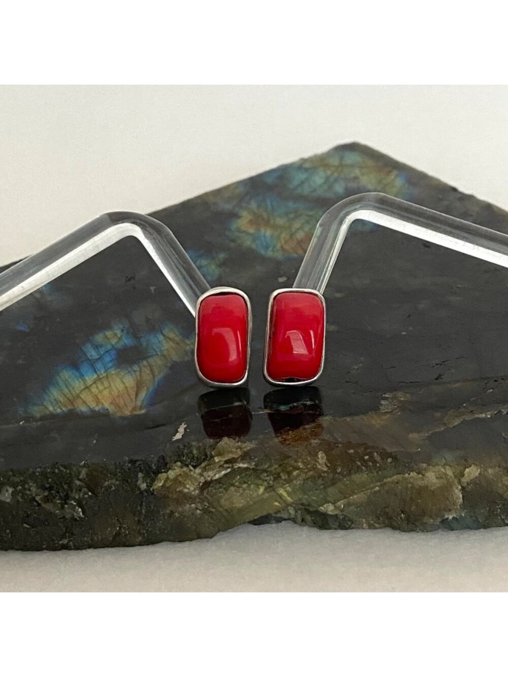Sterling Silver 925 Southwest Style Red Coral Rectangular Stud Earrings